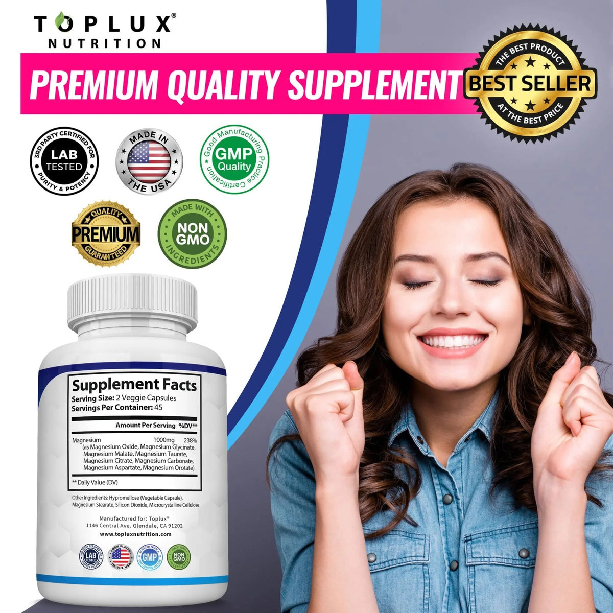 Toplux Magnesium Complex 1000Mg 90 Capsules 8 Forms Elemental Magnesium Non‑Gmo