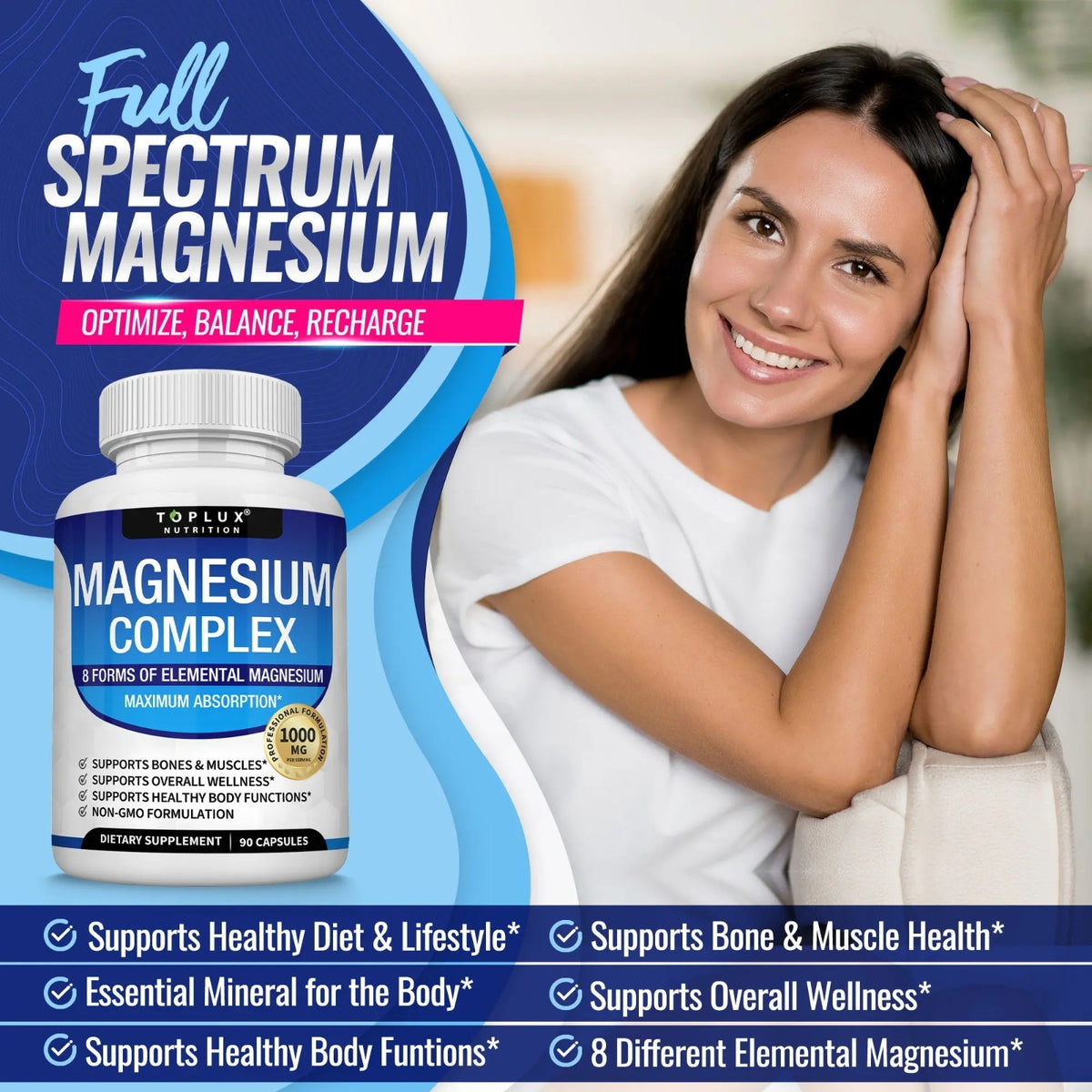Toplux Magnesium Complex 1000Mg 90 Capsules 8 Forms Elemental Magnesium Non‑Gmo