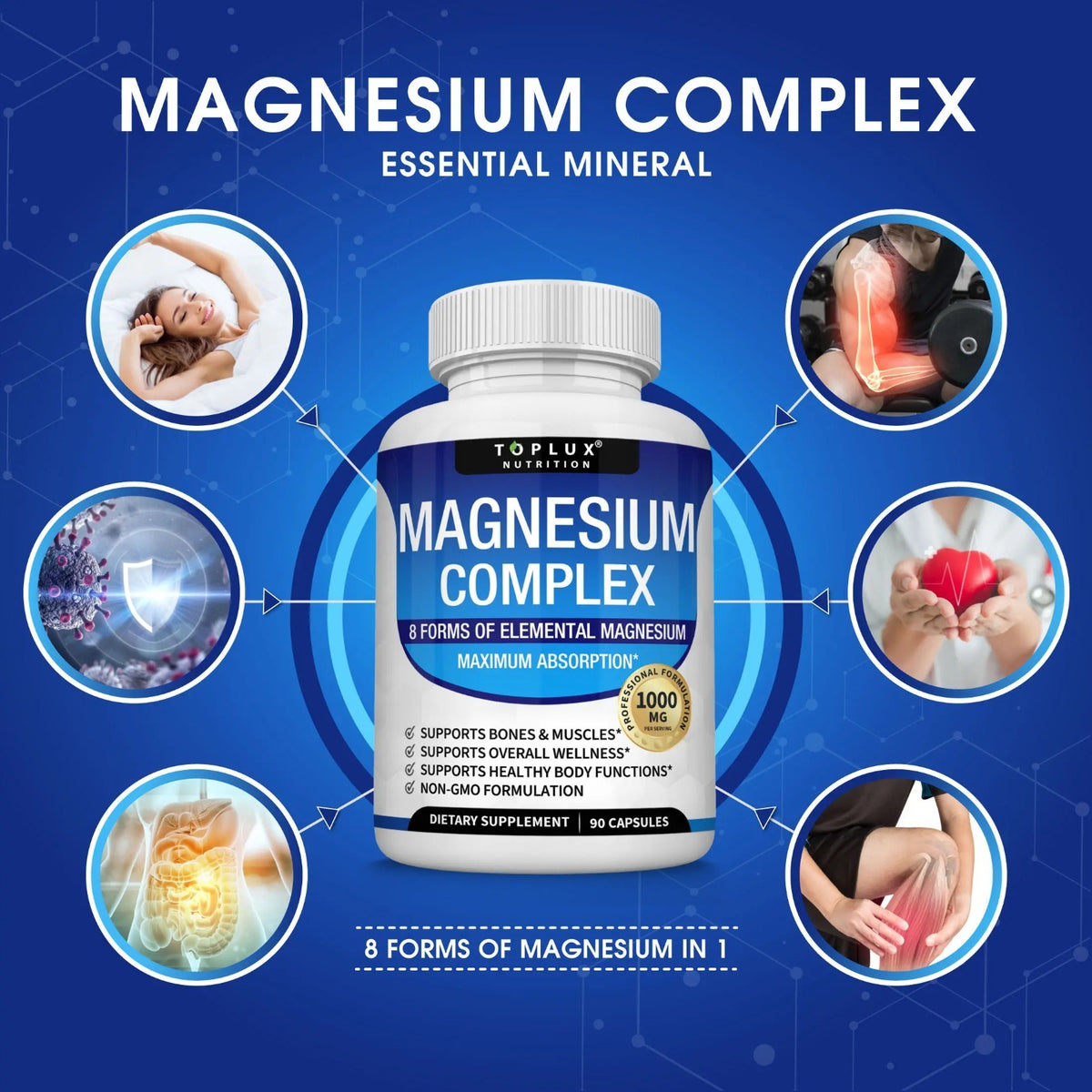 Toplux Magnesium Complex 1000Mg 90 Capsules 8 Forms Elemental Magnesium Non‑Gmo