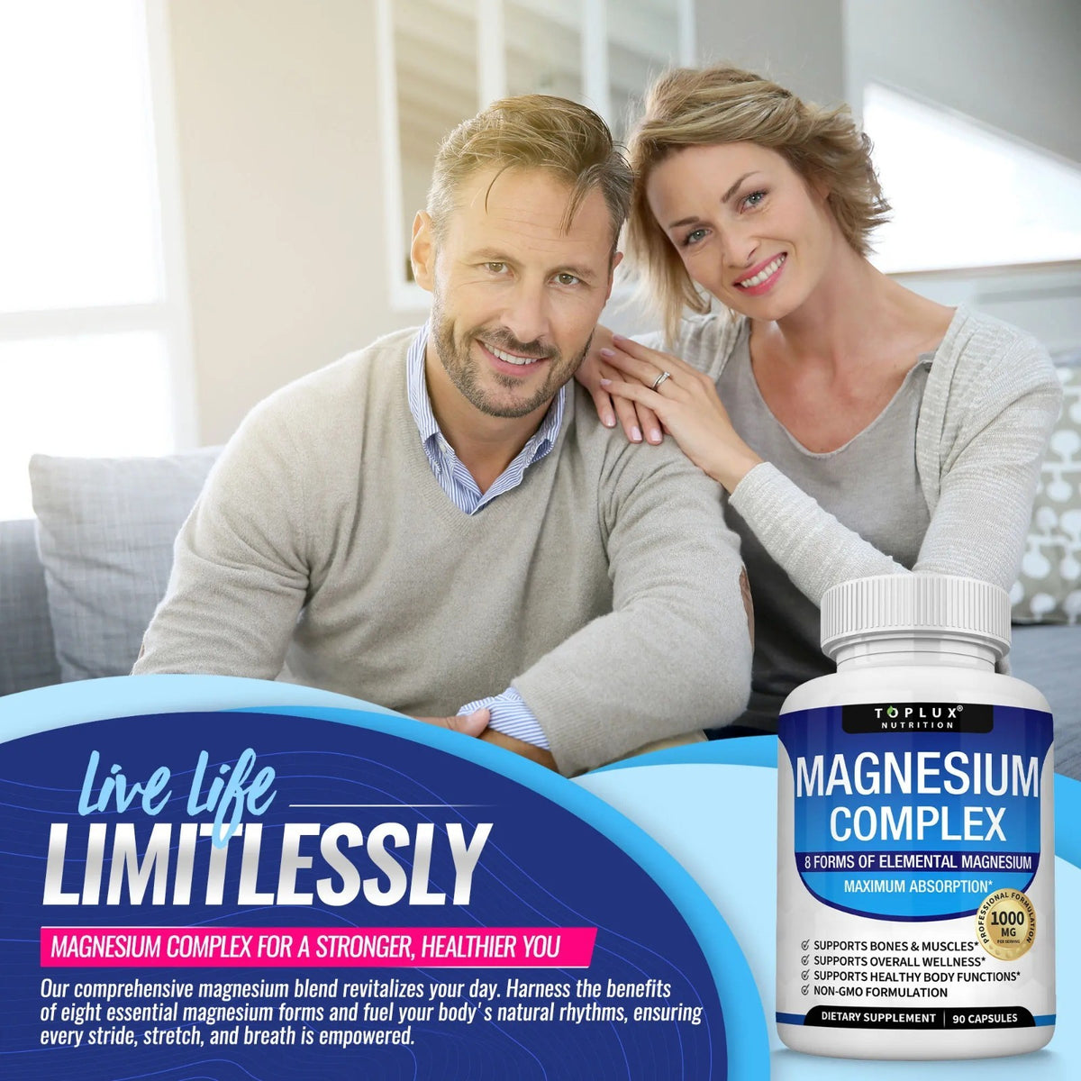 Toplux Magnesium Complex 1000Mg 90 Capsules 8 Forms Elemental Magnesium Non‑Gmo