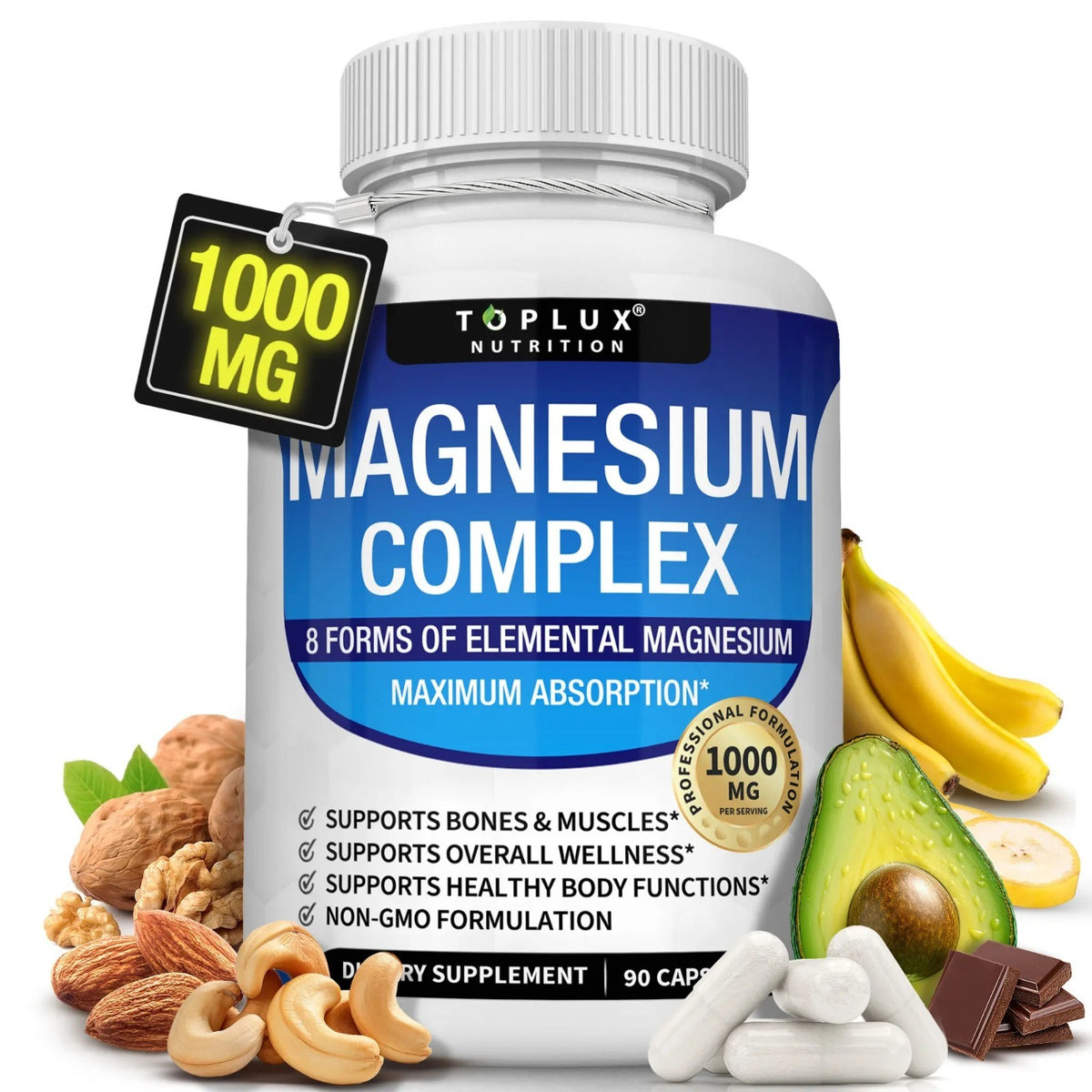 Toplux Magnesium Complex 1000Mg 90 Capsules 8 Forms Elemental Magnesium Non‑Gmo