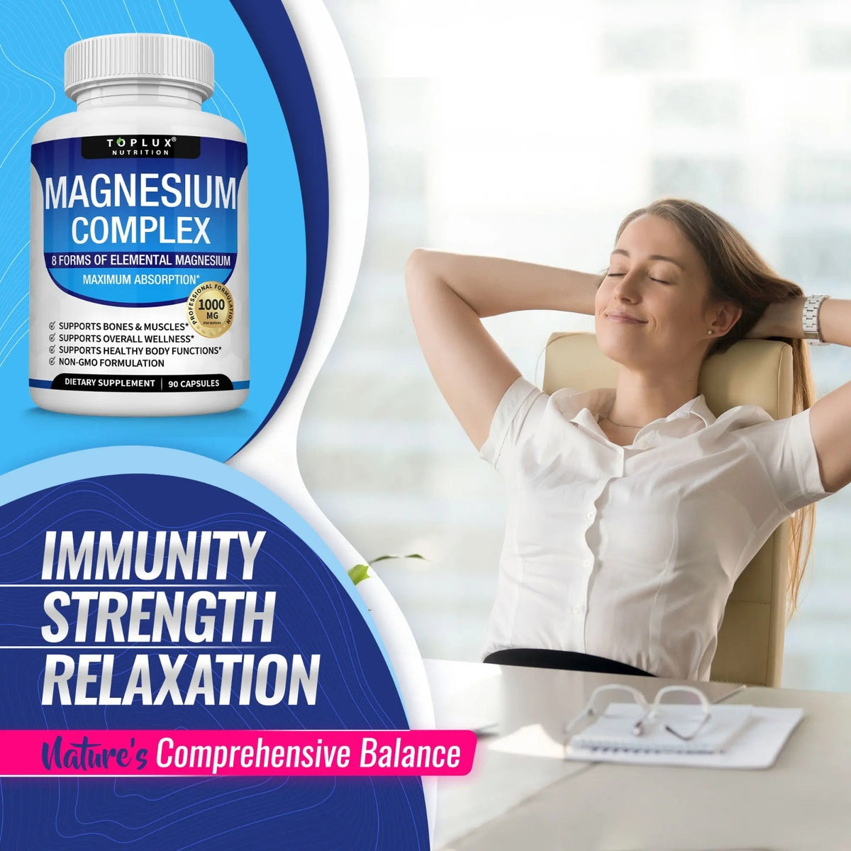 Toplux Magnesium Complex 1000Mg 90 Capsules 8 Forms Elemental Magnesium Non‑Gmo